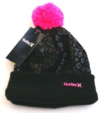 Hurley Black Pink Knit Cuff Pom Beanie Youth Girl's 7-16 NWT