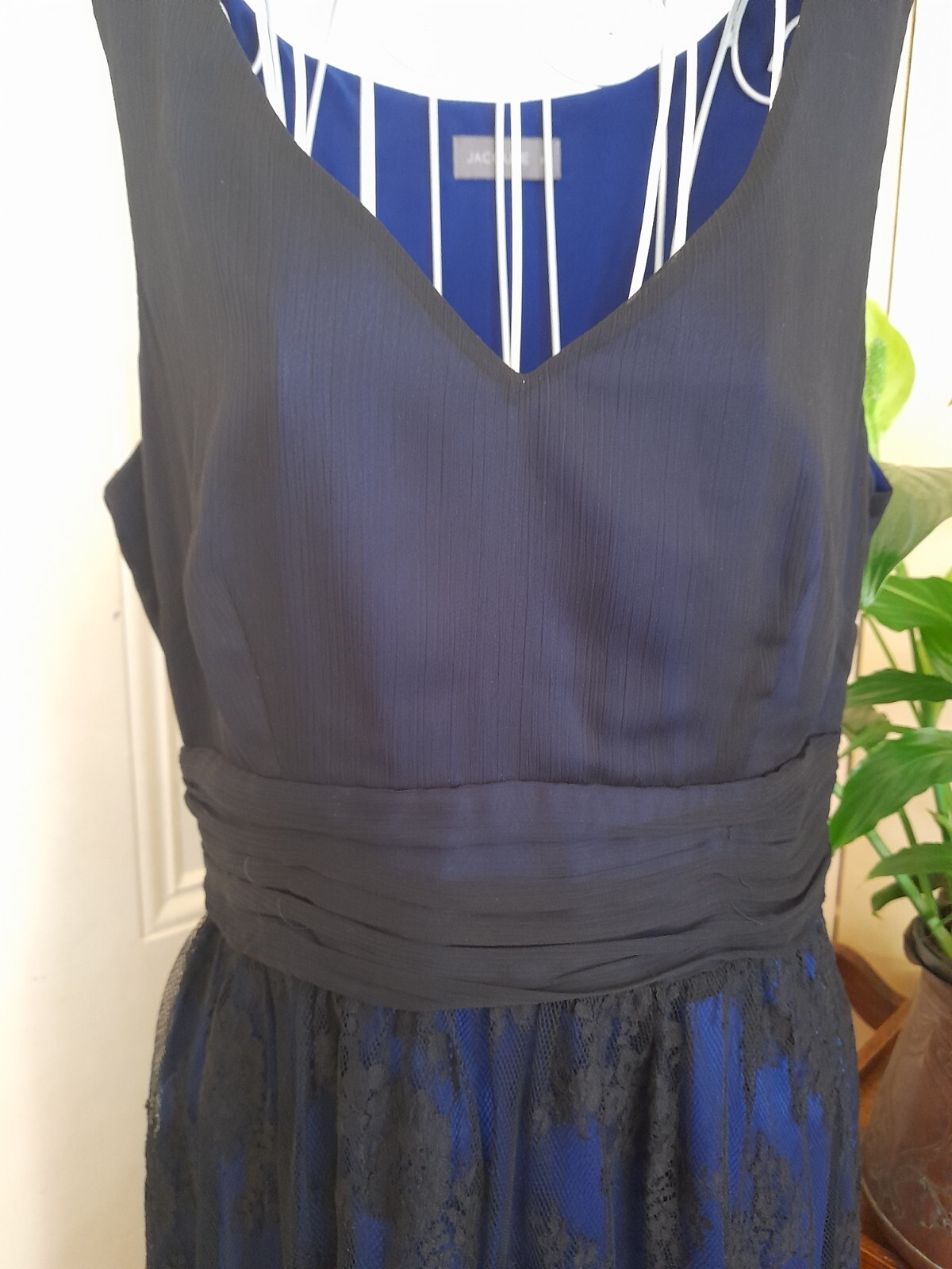 JACQUIE COCKTAIL/PARTY SLEEVELESS DRESS BLUE WITH A BLACK LACE OVERLAY
