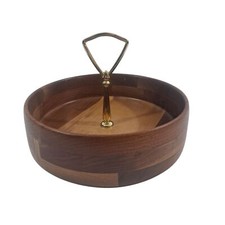 Vintage MCM Wooden Serving Bowl With Gold Tone Handle