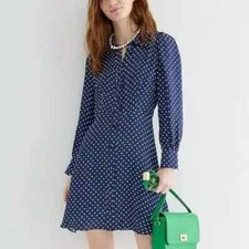 J. Crew Navy Cupro Shirtdress Size 8 in Becklow Polka Dot Print Blue Buttons