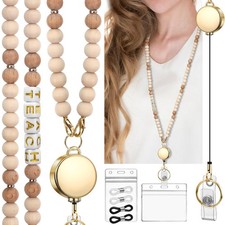 Gold Teach Teacher Lanyard, ID Holder, Retractable, Wooden Beaded, Women, Keys