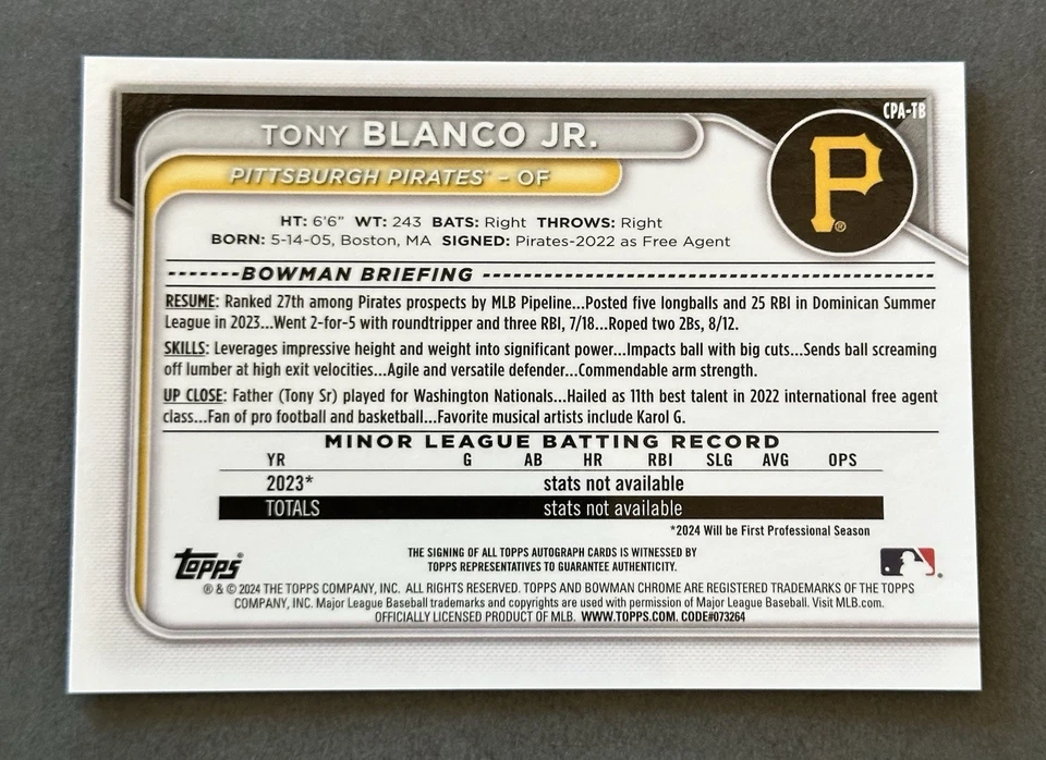 2024 Bowman Chrome Tony Blanco Jr Gold Shimmer Refractor Auto /50 Pirates - Image 2 of 2