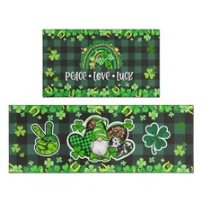 St Patricks Day Farmhouse Kitchen Rugs Sets of 2, Green Irish Shamrocks Gnome...