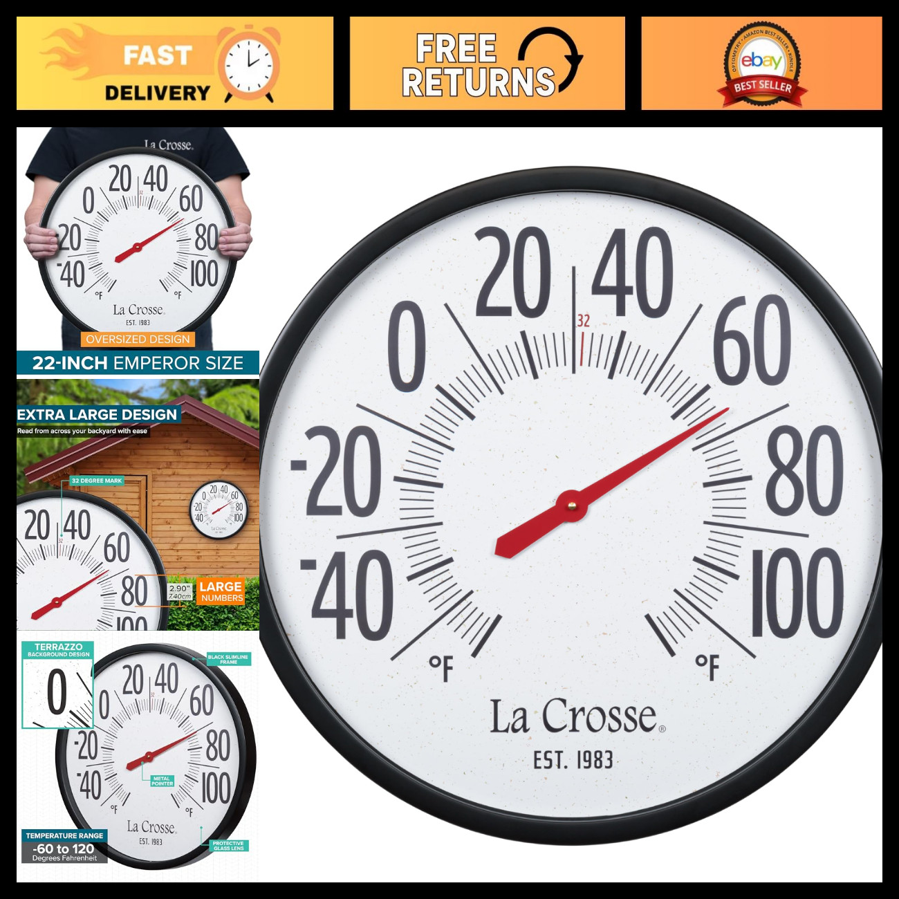22-Inch Analog Dial Thermometer - Outdoor Weather Gauge, Home Garden Decor