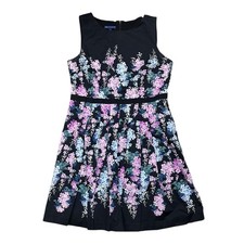 Talbots rsvp Floral Sateen Fit & Flare Dress 14 Black Purple Blue Wisteria Women