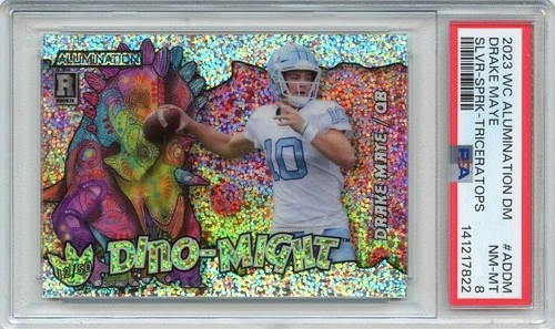 2023 WC Dino-Might Drake Maye SILVER SPARKLE Triceratops Rookie #'D 12/50 PSA 8