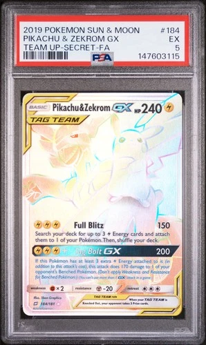 2019 POKEMON SUN & MOON TEAM UP SECRET #184 FULL ART/PIKACHU & ZEKROM GX PSA 5