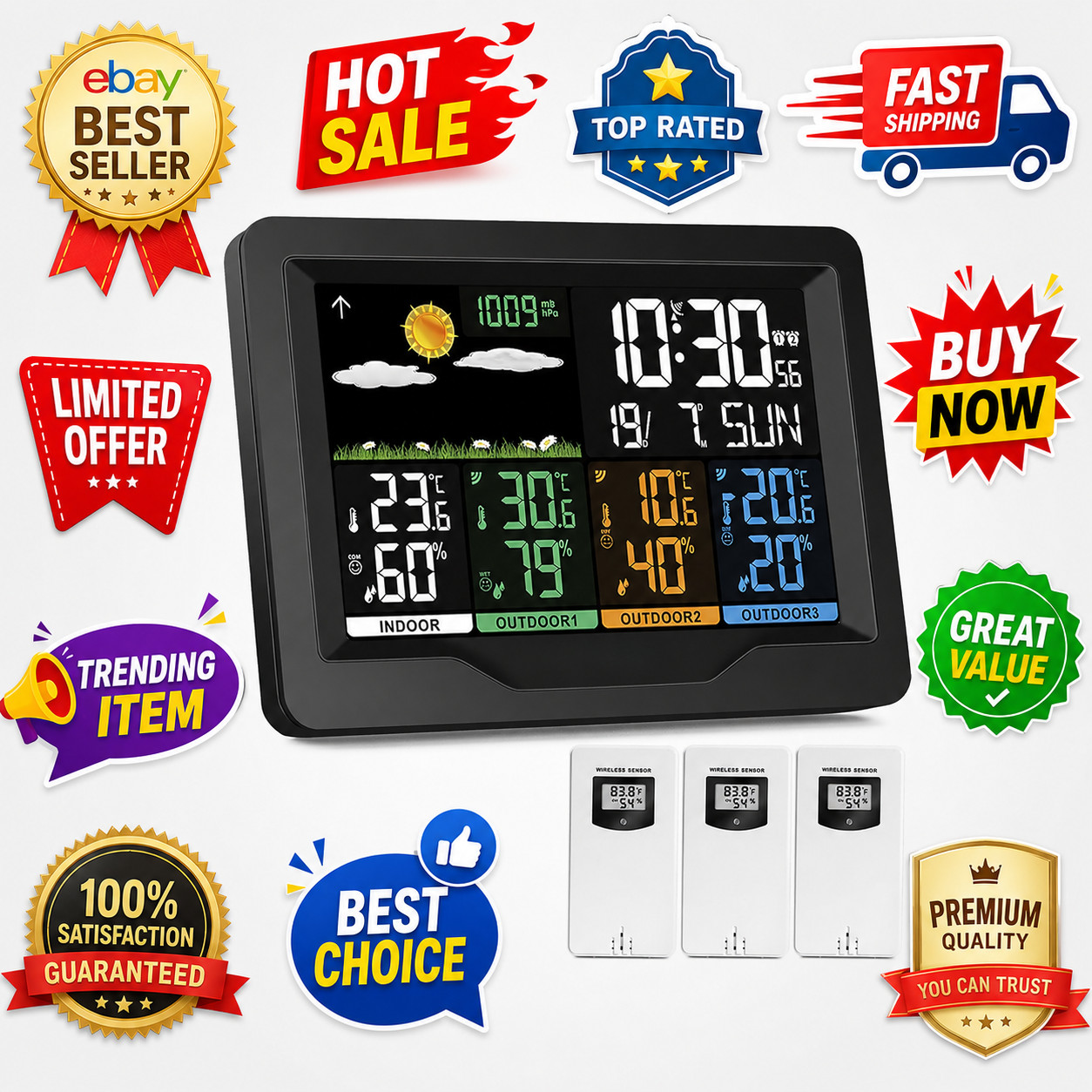 Wireless Weather Station Indoor Outdoor Thermometer Atomic Clock Barometer HD