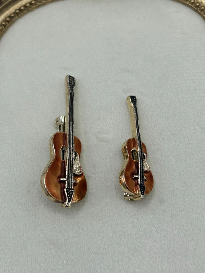Broche de guitarra vintage pin esmalte marrón tono dorado juego de 2 grandes y pequeños Foto 3 de 4