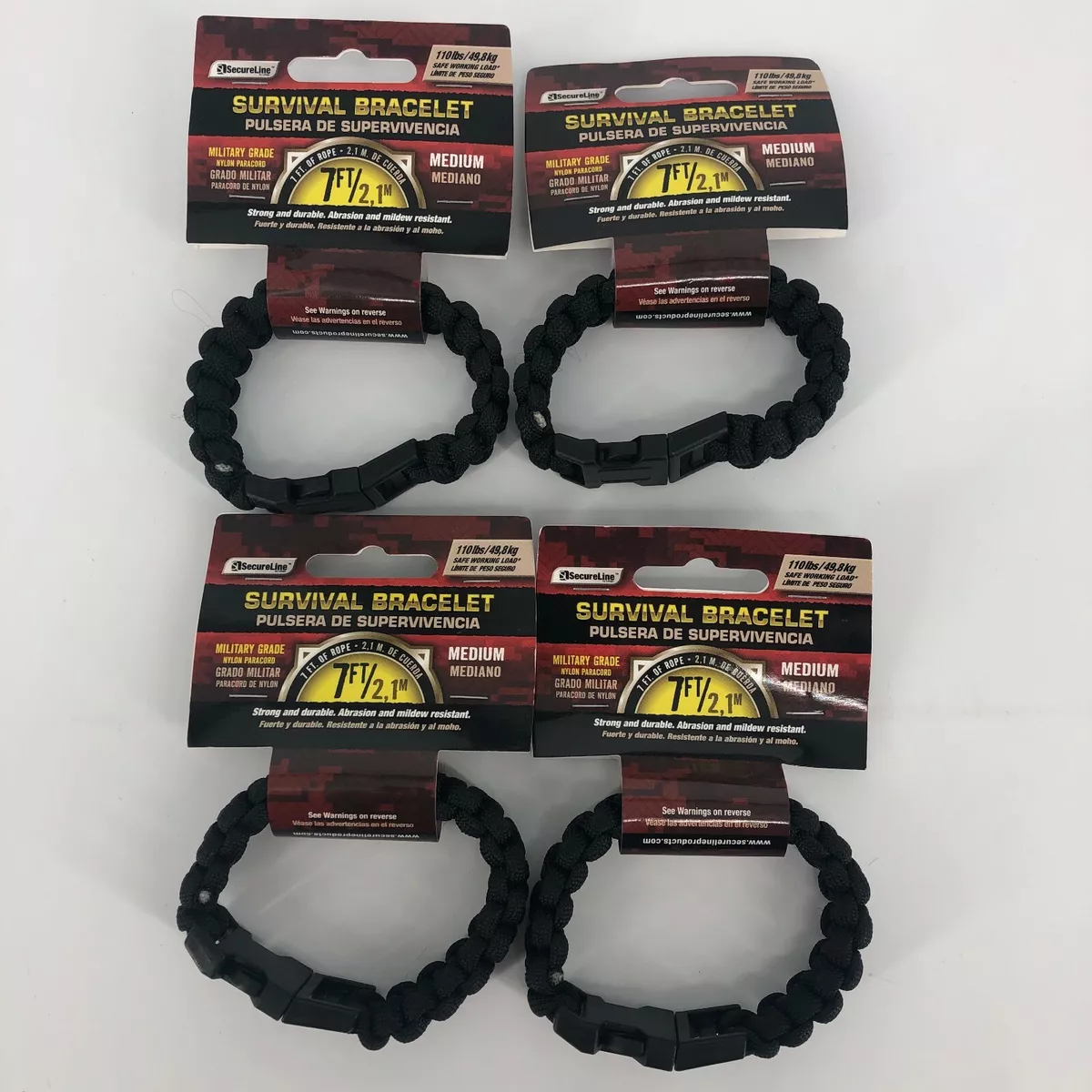 Survival Bracelet Military Grade MED Nylon Paracord 7' Rope Black Hike Lot  of 4