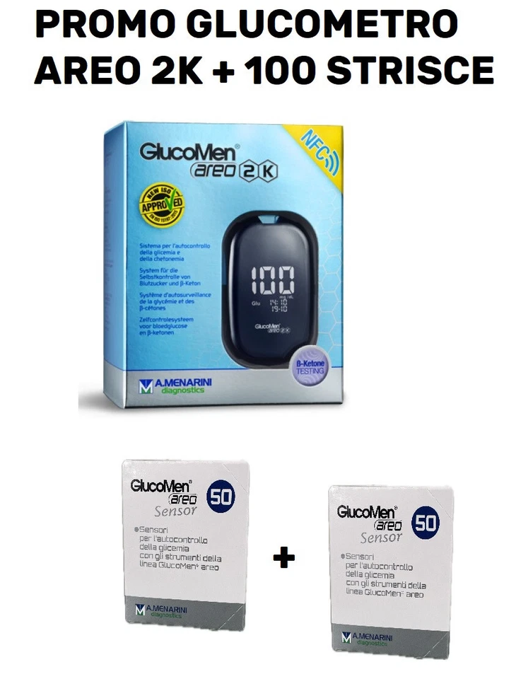 GlucoMen areo 2K KIT monitoraggio glicemia + 100 Strisce PROMO !!!
