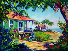 ocean view tropical beach cottage garden ceramic tile mural backsplash
