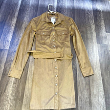 GUESS Women’s Tan Faux Suede Shirt Dress Button Front Belted Pockets S #53