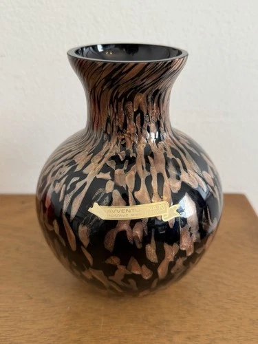 Vintage Avventurina Italy Murano Glass Large Vase 7” Tall Original Sticker