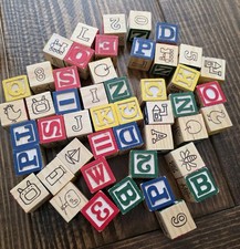 Vintage Wooden Blocks Numbers And Letters Colorful Lot Of 48 Blocks About 1  