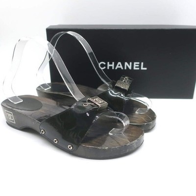 Vintage Chanel 04P Lacquered Wood CC Clog Sandals Black Patent Leather Size 39