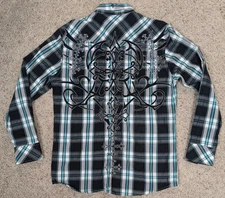 Roar Shirt Mens Large Plaid Western Tribal Embroidered Y2K Long Sleeve Buckle