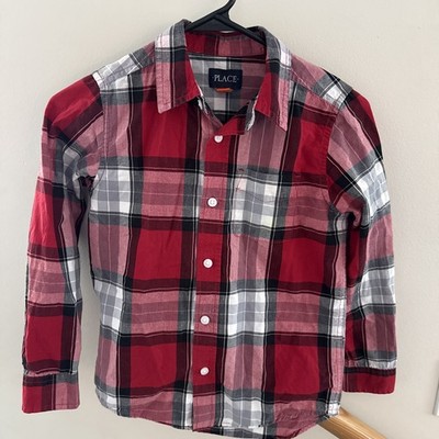 The Childrens Place Boys Size 7/8 Button Up Dress Shirt LS Red White Plaid Bx410