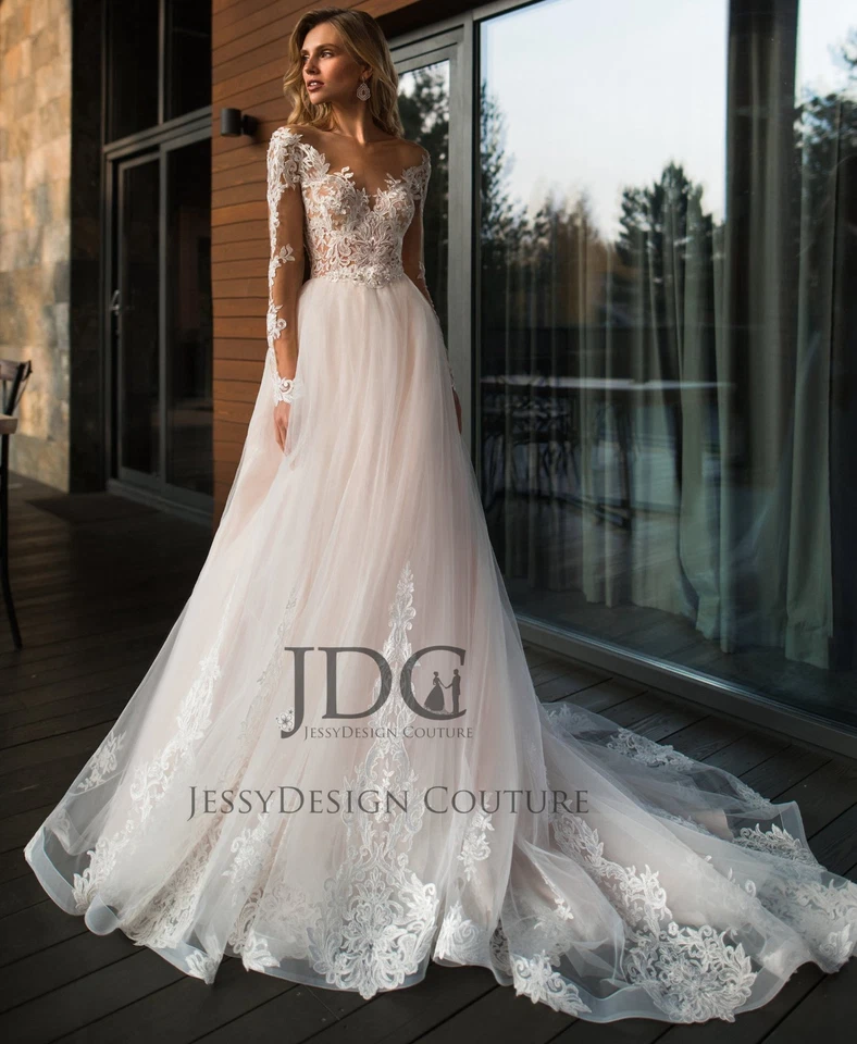 Langarm Rosa Champagner Illusion Korsage Brautkleid Hochzeitskleid 32-60 Knöpfe - Bild 3 von 4