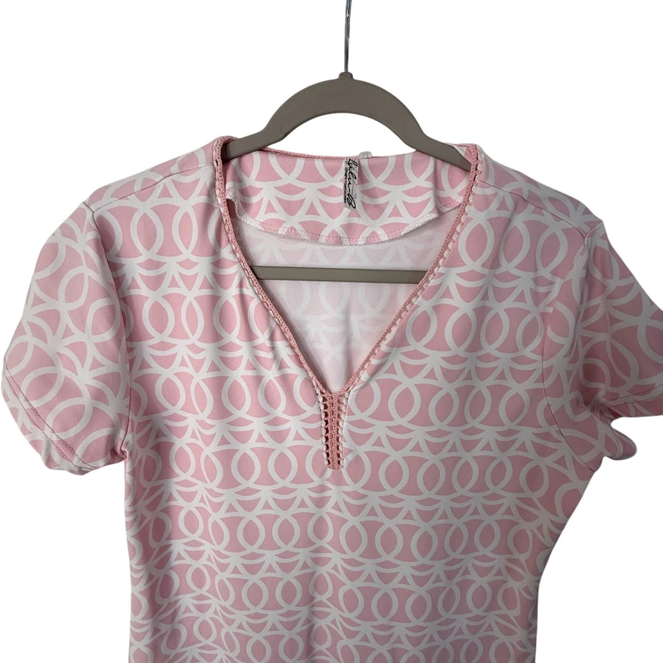 Lulu-B Short Sleeve Dress Pink Link Print V-Neck Size M UPF 50+ Stretch - Image 3 of 4