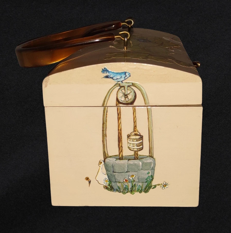 Vintage 1960-70's Wood Decoupage Holly Hobbie Characters Purse Metal Clasp 9x5x4 - Image 3 of 4