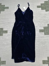 Harlyn Drape Midi Dress Women Small Blue Velvet Silk Tie Front Surplice Neck New