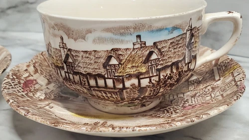 Johnson Bros Olde English Countryside Teacup And 2 Saucers Brown Hand...