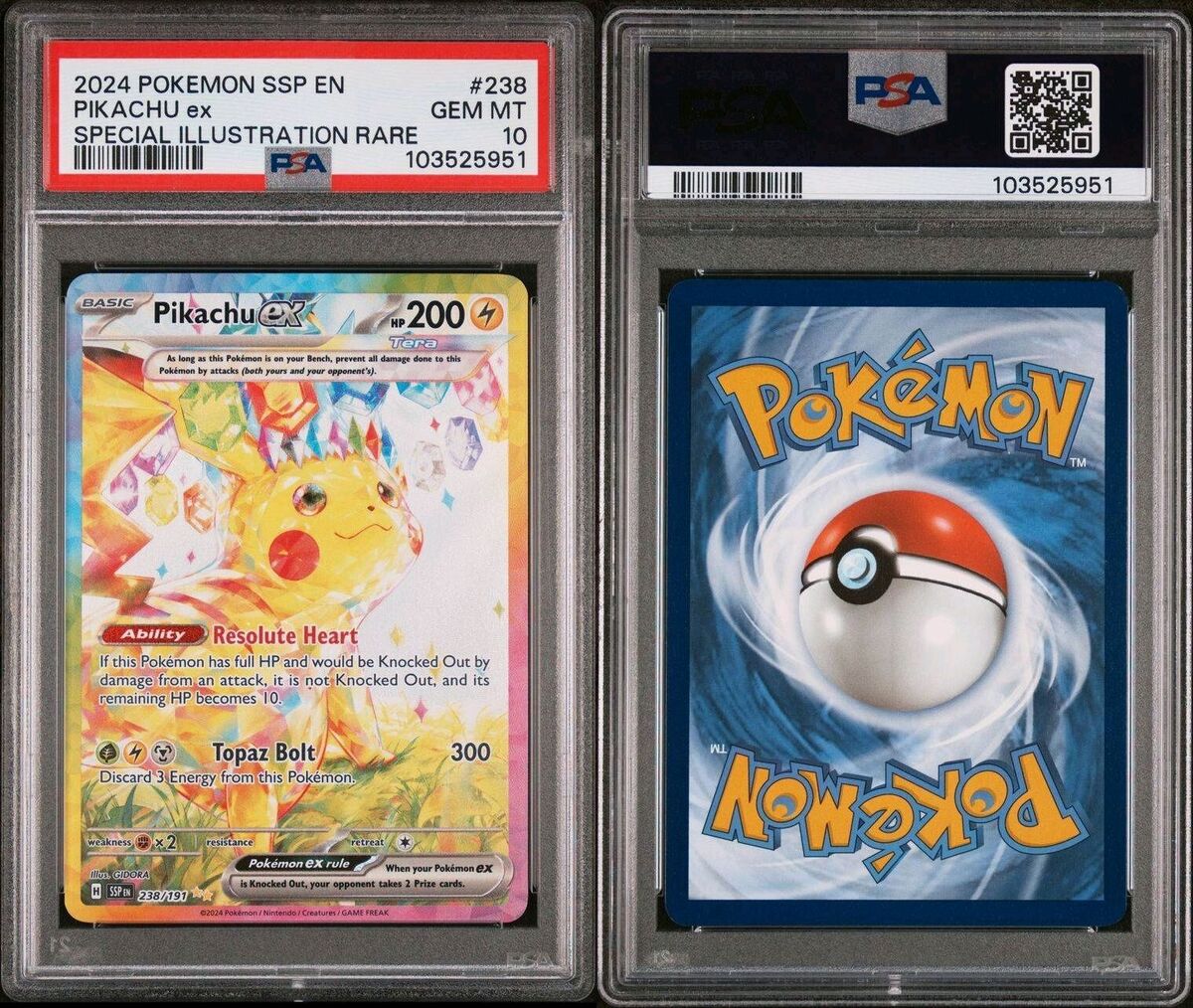 PSA 10 Pikachu ex 238/191 Sv08: Surging Sparks Holo Gem Mint PSA 10 Pikachu ex 238/191 Sv08: Surging Sparks Holo Gem Mint