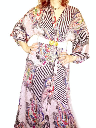 Vintage Silky Kimono Dressing Gown Pink Black Stripe Paisley M L Pattern Print - Picture 7 of 11