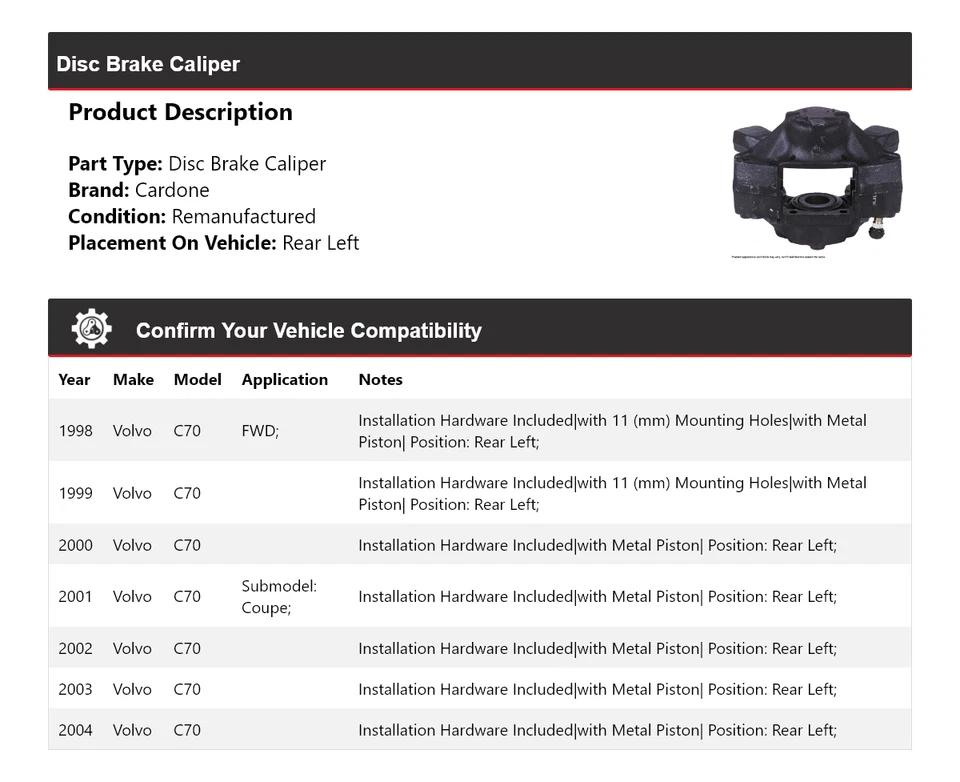For 1998-2004 Volvo C70 Disc Brake Caliper Rear Left Cardone 1999 2000 2001 2002 - Image 2 of 4