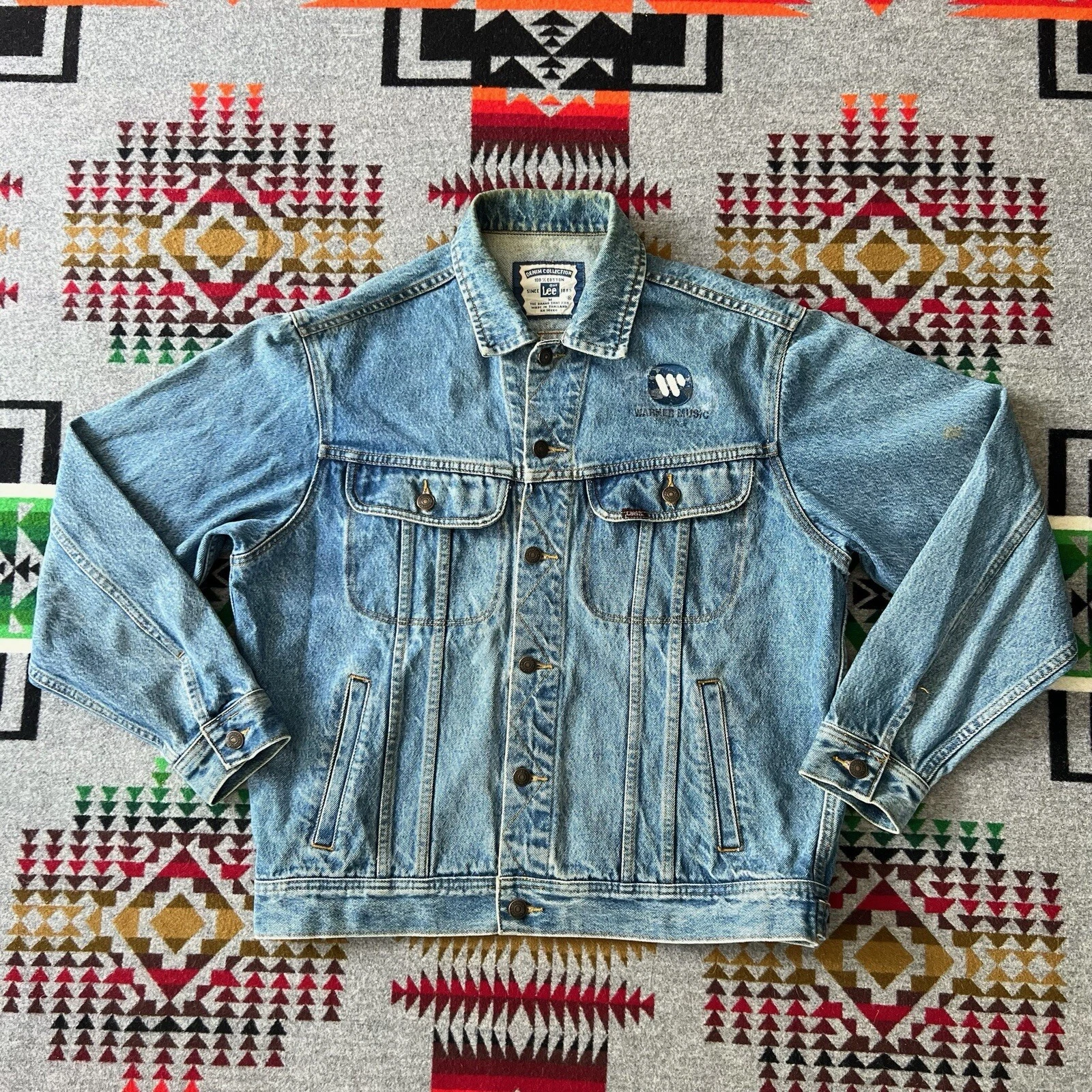 Vintage Warner Music Denim Jacket Mens Medium Blue 90s Embroidered C7