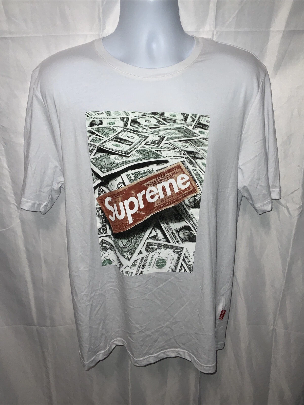 T shirt à manches courtes blanc SUPREME Grip Digital Dollars imprimé argent homme XL