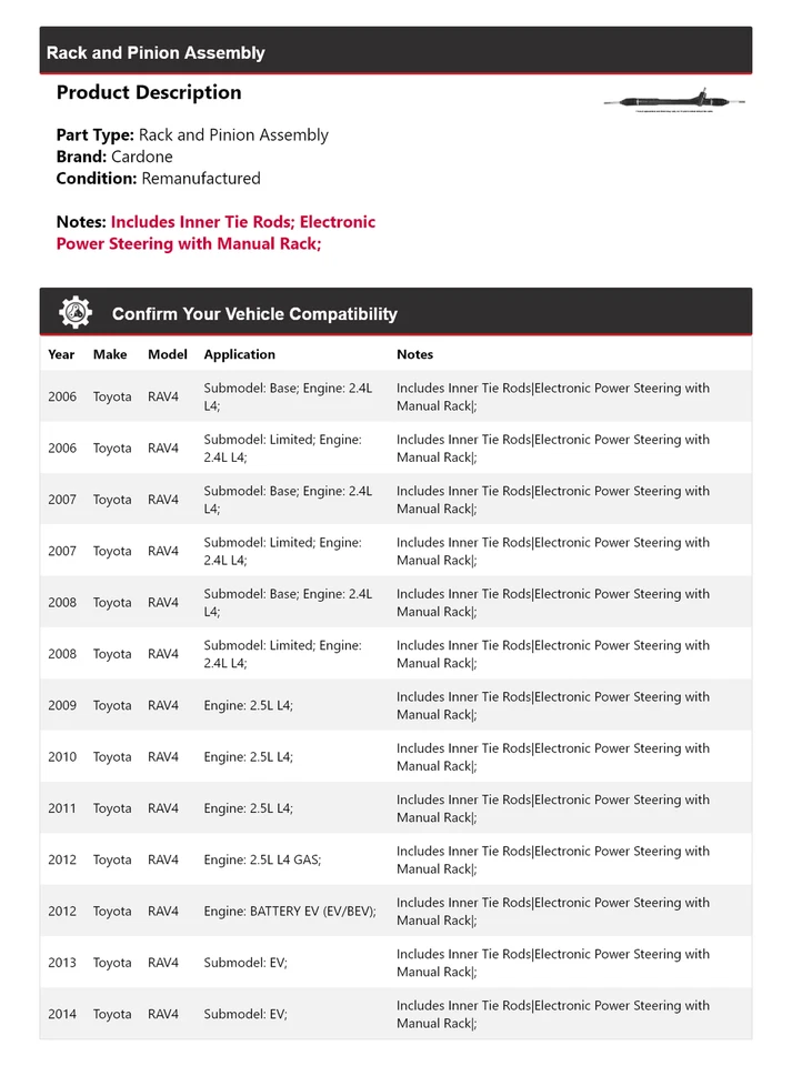 Conjunto de piñón y cremallera Cardone para Toyota RAV4 2006-2014 2007 2008 2009 2010 Foto 2 de 4