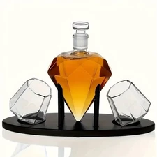Diamond Whiskey Decanter With 2 Diamond Glasses Mahogany Wooden Holder