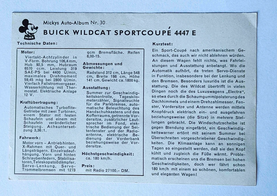 Mickys Auto-Album Sammelbild Nr. 30: BUICK WILDCAT SPORTCOUPE 4447 E - Bild 2 von 2