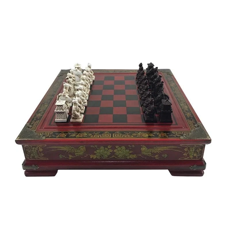 Jeu D'échecs De Luxe - Plateau Bois Et Guerriers Terre Cuite - 26x26 Cm
