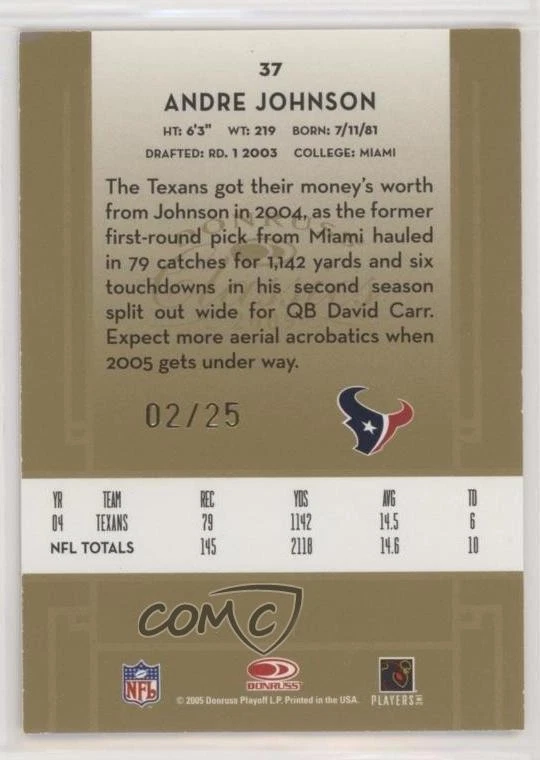 2005 Donruss Classics Timeless Tributes Gold /25 Andre Johnson #37 HOF - Image 2 of 2
