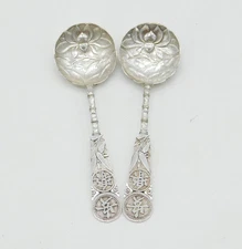 19th Century Chinese Pair of Sterling Silver Floral Teaspoons Antique c1880