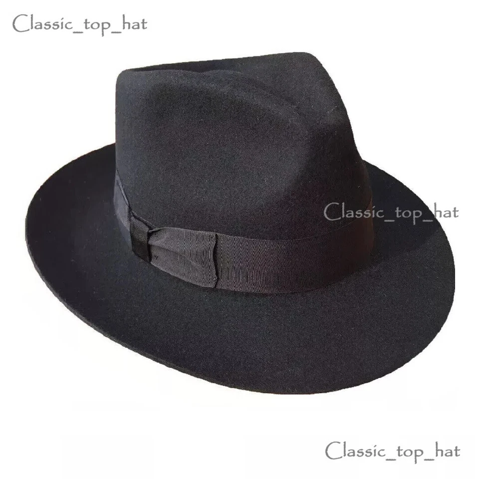 Chapéu masculino 100% lã feltro Fedora Trilby feito à mão aba larga - Imagem 4 de 4