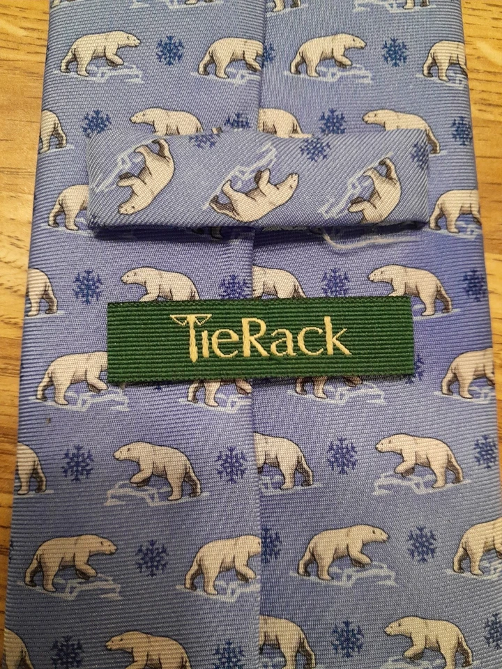 Gravata TieRack feita na ITÁLIA 100% seda azul com ursos polares 58"-3 3/4 - Imagem 3 de 4