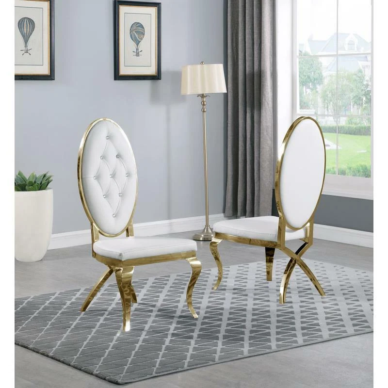 Tufted White Faux Leather Dining Chairs with Gold Stainless Steel