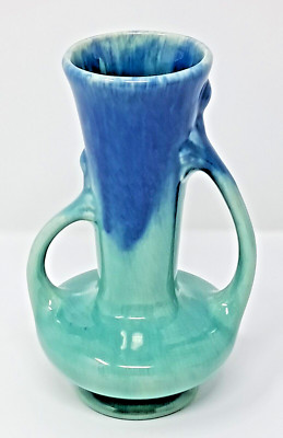 Pittsville Pottery Ceramic Vase 7'' tall bicolor blue 1930s double handle vintage