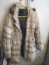 Feraud Ladies' Beige Coat With Faux Fur Trim On Hood, Size 16