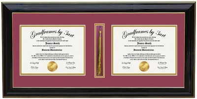 Custom Double Diploma Frame with Tassel Holder - Black/Maroon-Real Wood- Glass-H