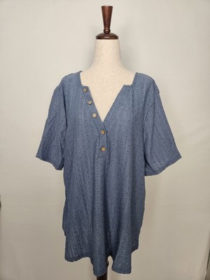 Vislily Blue Eyelet Textured Short Sleeve Popover Top Women's Size 2XL NWT