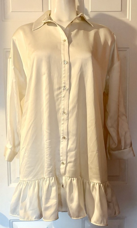 ZARA Ivory Satin Button-Up Collared Long Sleeve Ruffle Hem Mini Dress Women's L