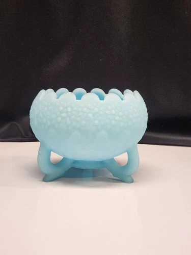 Vintage  Fenton Baby Blue Satin Glass Rose Bowl Orange Tree Pattern 3 Footed