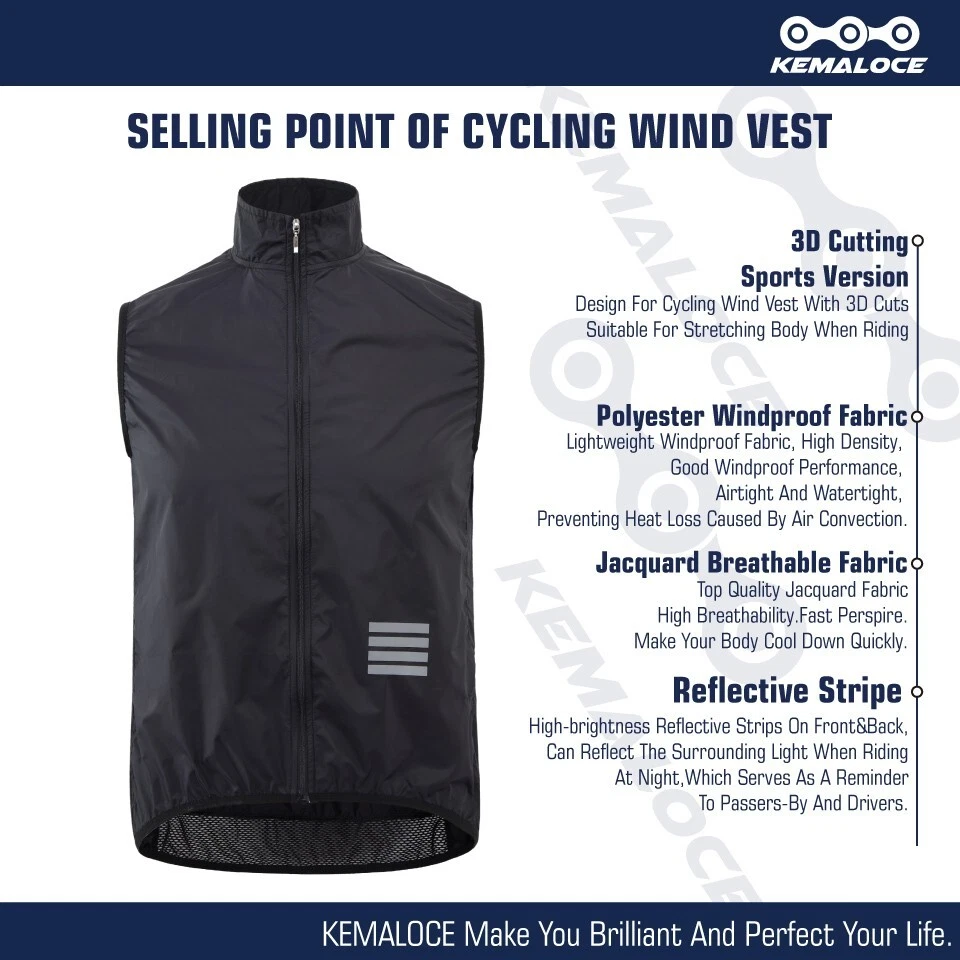 KEMALOCE Cycling Wind Vest Men Blue&Black 2024 Outdoor Windproof Bike Wind Gilet - Image 4 of 4