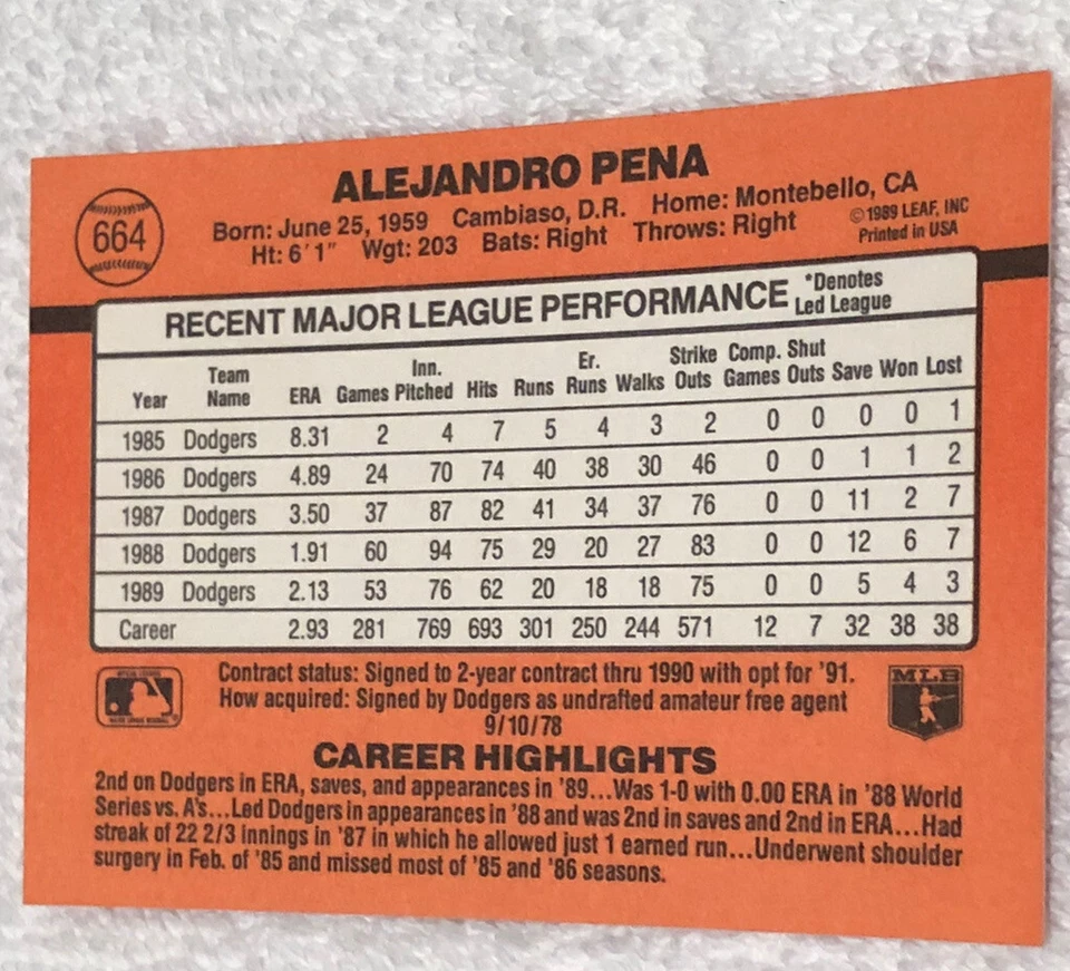 1990 Donruss # 664 Alejandro Pena Los Angeles Dodgers Pitcher - Image 2 of 2