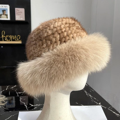 Cappello donna vera pelliccia di visone secchiello berretto caldo lavorato a maglia invernale con orlo pelliccia di volpe - Foto 17 di 31